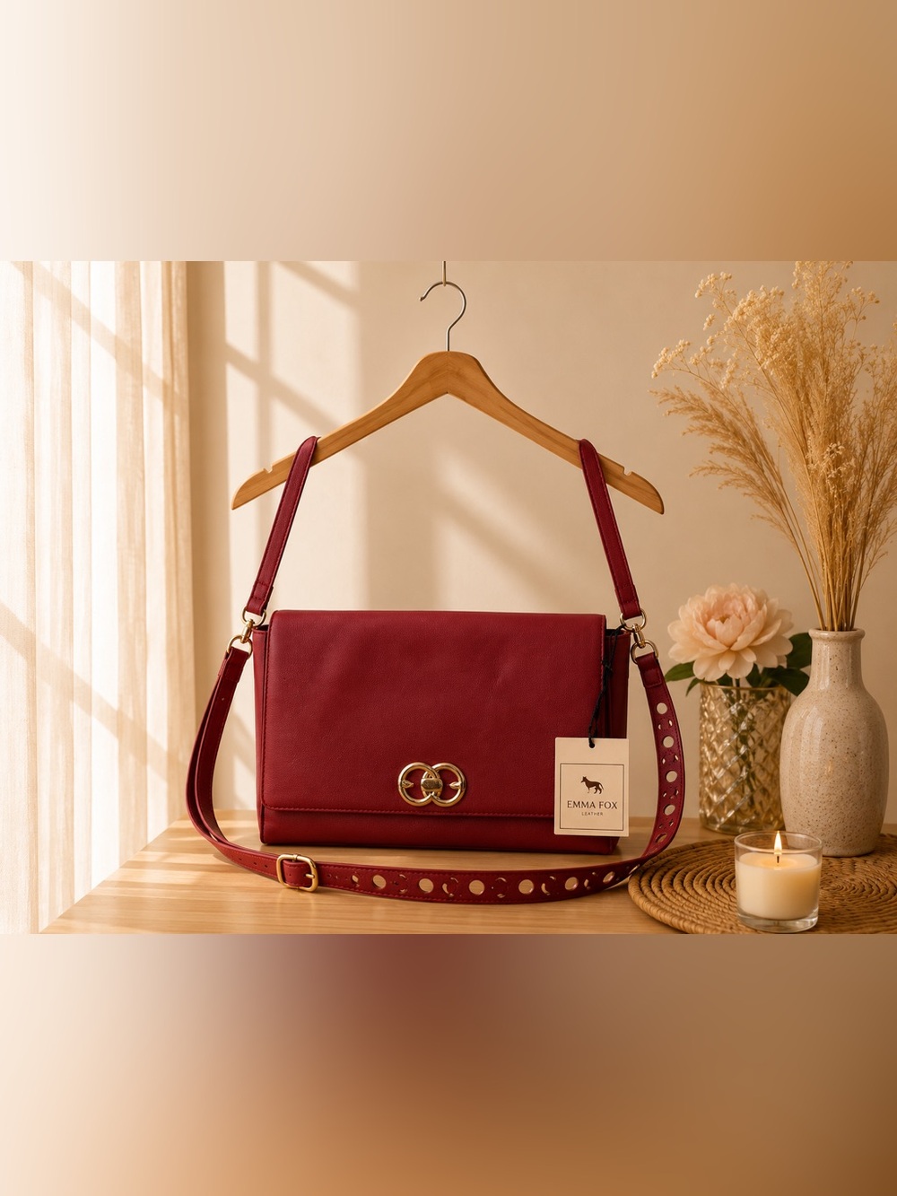 Emma Fox Burgundy Leather Shoulder Bag with Gold Accent